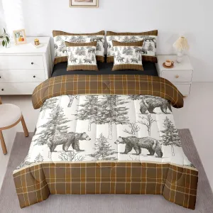 Erosebridal Rustic Grizzly Bear Queen Comforter Set 7 Piece Farmhouse Cabin Buffalo Plaid Bed in A Bag Sheets Hunting Woodland Wildlife Bedding Sets for Kids Boys Men Pine Tree Country Bed Set