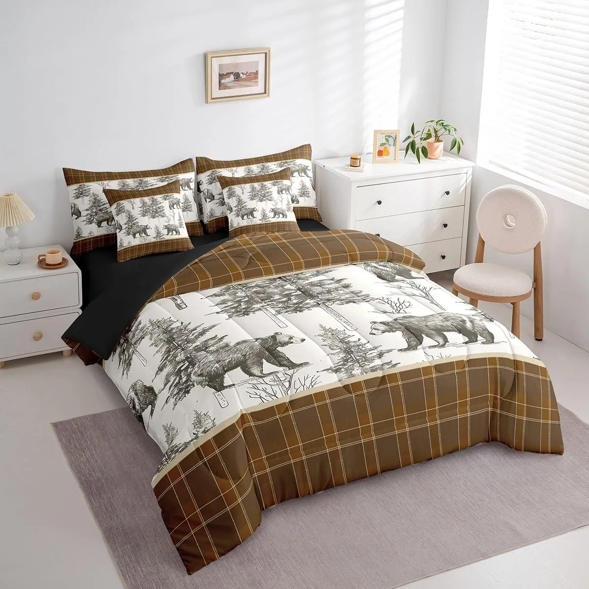Erosebridal Rustic Grizzly Bear Queen Comforter Set 7 Piece Farmhouse Cabin Buffalo Plaid Bed in A Bag Sheets Hunting Woodland Wildlife Bedding Sets for Kids Boys Men Pine Tree Country Bed Set