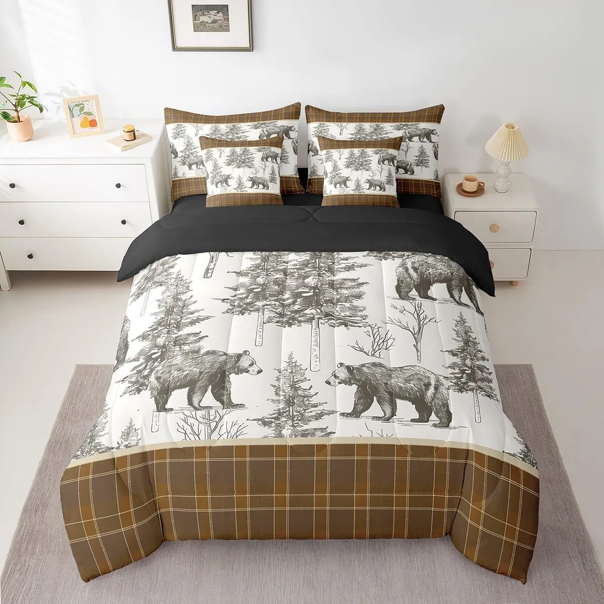 Erosebridal Rustic Grizzly Bear Queen Comforter Set 7 Piece Farmhouse Cabin Buffalo Plaid Bed in A Bag Sheets Hunting Woodland Wildlife Bedding Sets for Kids Boys Men Pine Tree Country Bed Set
