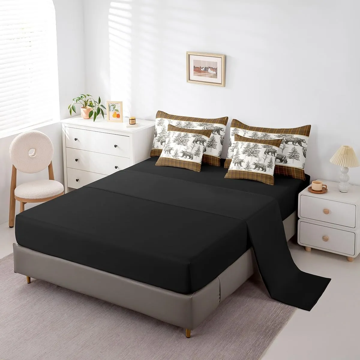 Erosebridal Rustic Grizzly Bear Queen Comforter Set 7 Piece Farmhouse Cabin Buffalo Plaid Bed in A Bag Sheets Hunting Woodland Wildlife Bedding Sets for Kids Boys Men Pine Tree Country Bed Set