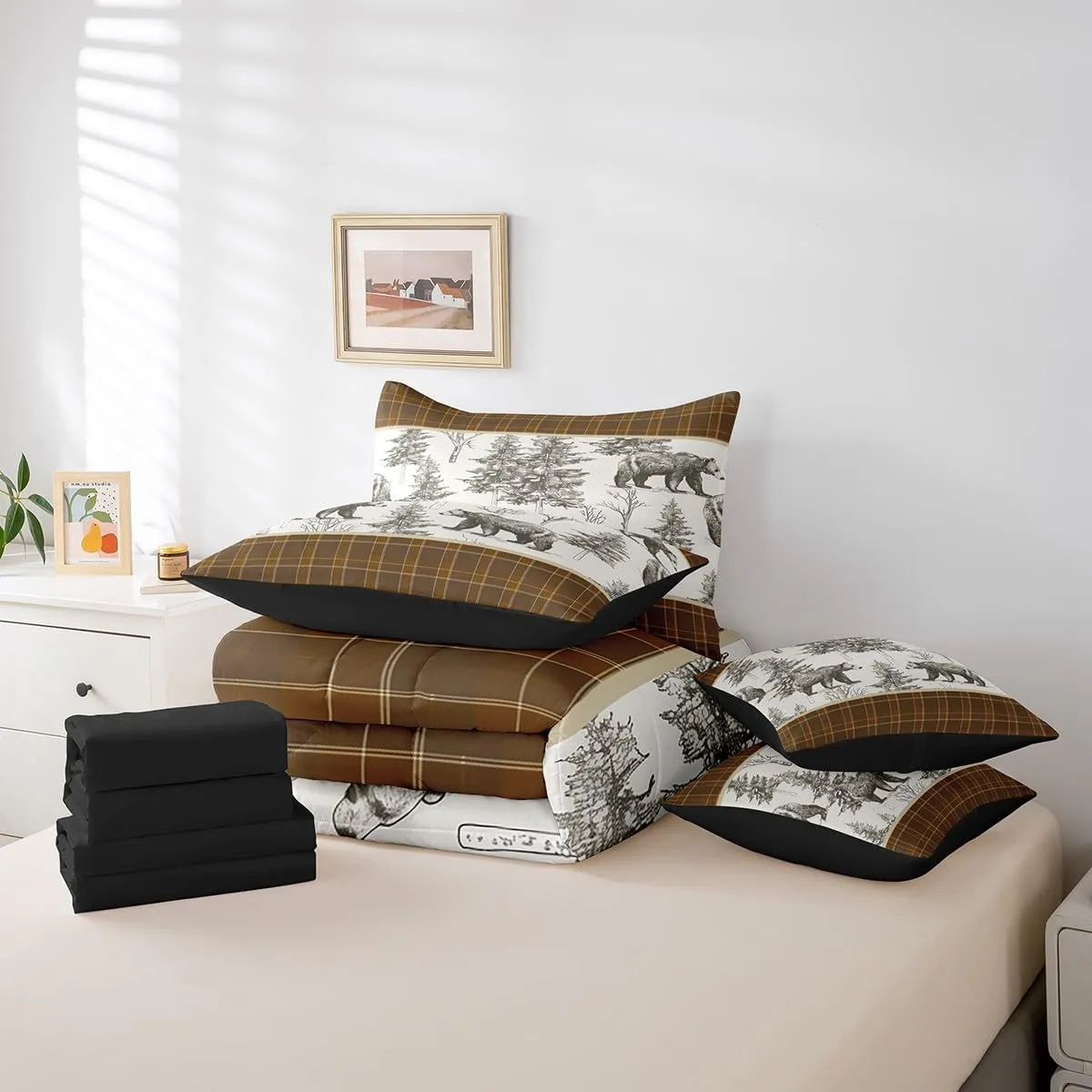 Erosebridal Rustic Grizzly Bear Queen Comforter Set 7 Piece Farmhouse Cabin Buffalo Plaid Bed in A Bag Sheets Hunting Woodland Wildlife Bedding Sets for Kids Boys Men Pine Tree Country Bed Set