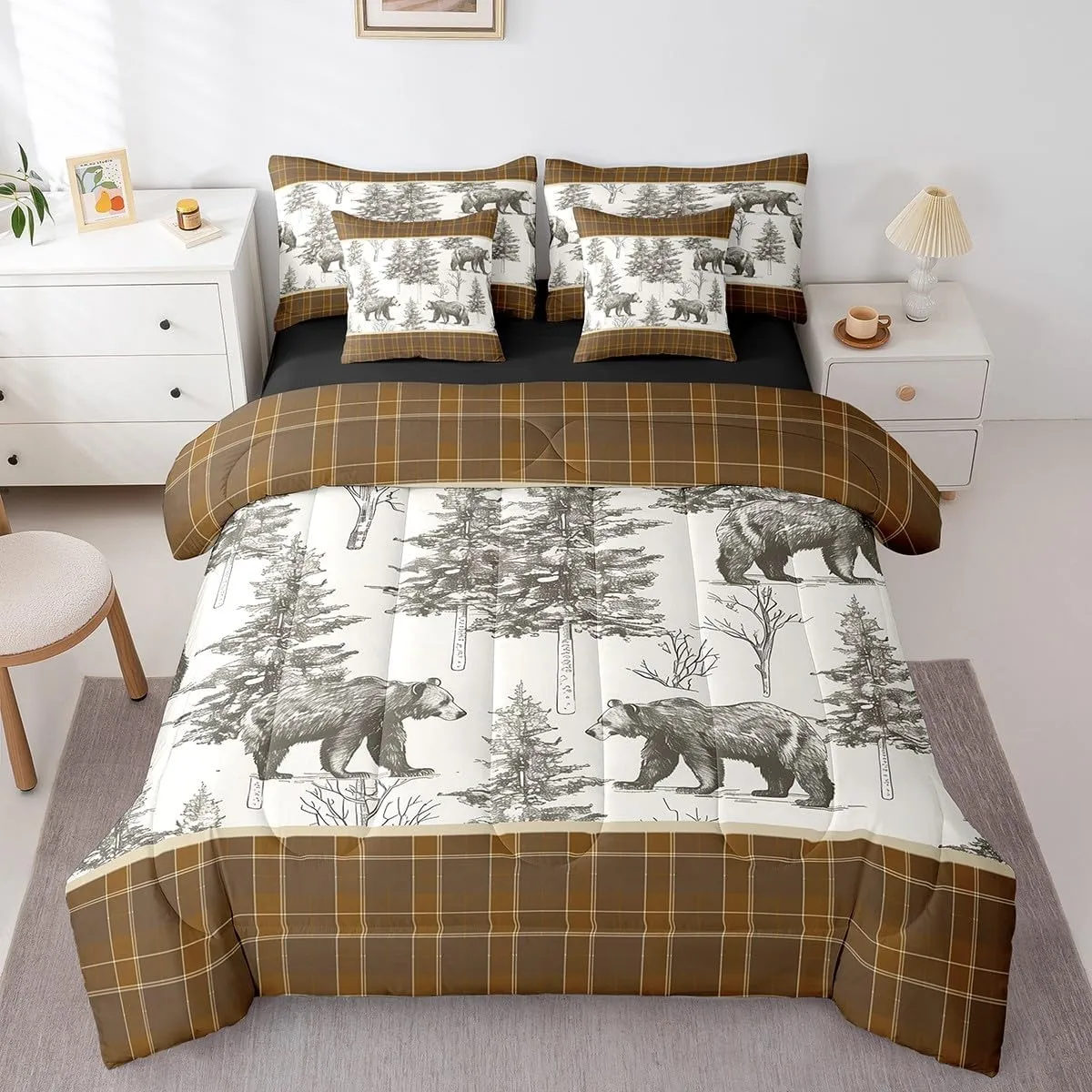 Erosebridal Rustic Grizzly Bear Queen Comforter Set 7 Piece Farmhouse Cabin Buffalo Plaid Bed in A Bag Sheets Hunting Woodland Wildlife Bedding Sets for Kids Boys Men Pine Tree Country Bed Set