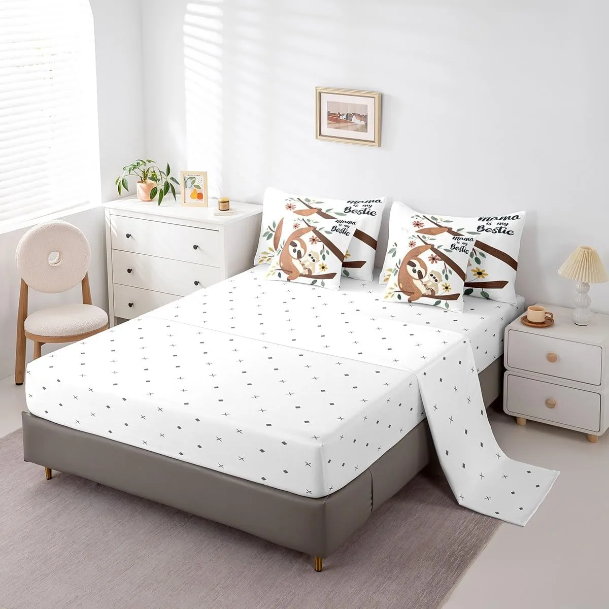 Erosebridal Sloth Comforter Set Queen Size 7 Piece,Cartoon Animal Kids Bedding Set with Sheets for Boys Girls,Branch Leaves Flower Bed in A Bag with Pillow Cases and Covers,Reversible