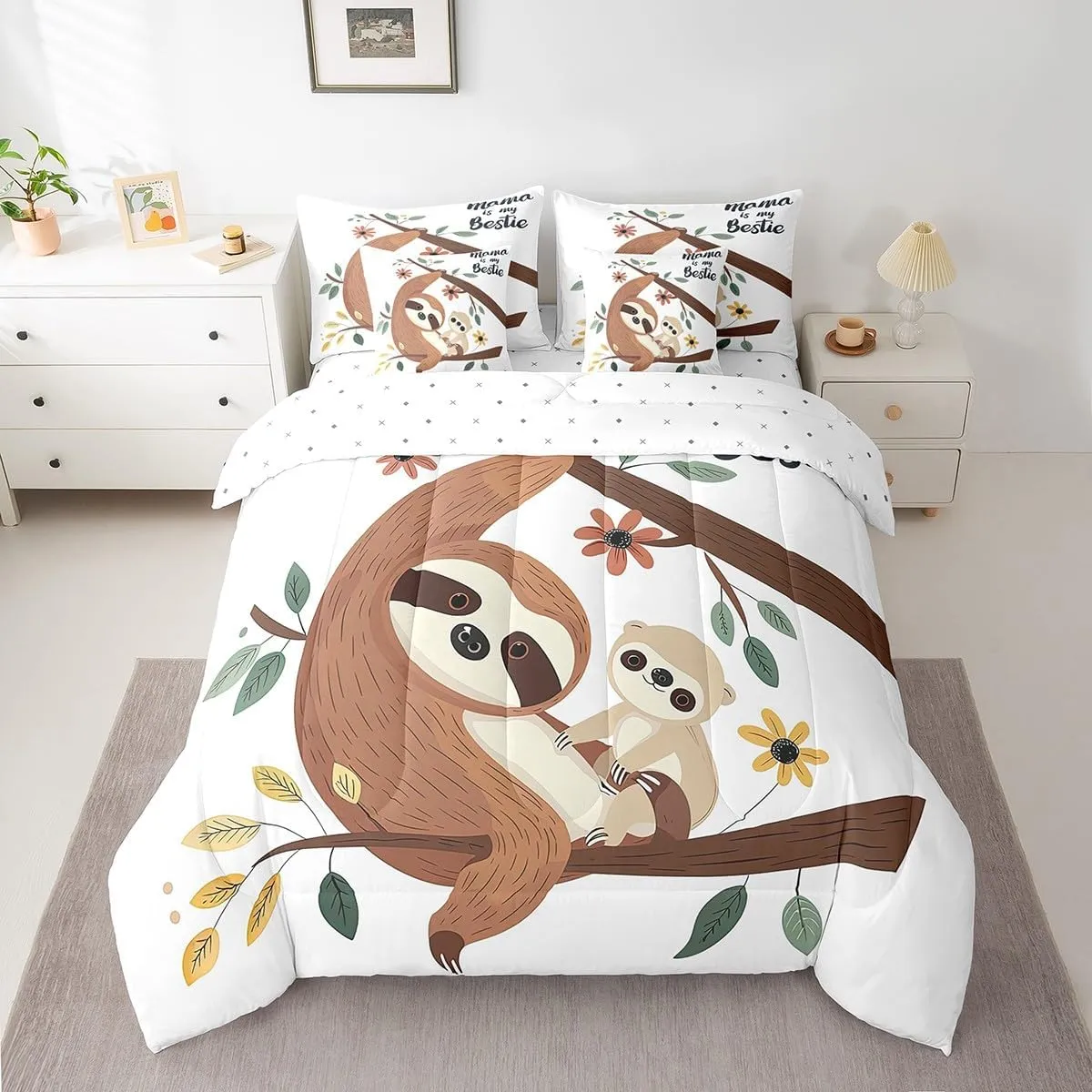 Erosebridal Sloth Comforter Set Queen Size 7 Piece,Cartoon Animal Kids Bedding Set with Sheets for Boys Girls,Branch Leaves Flower Bed in A Bag with Pillow Cases and Covers,Reversible