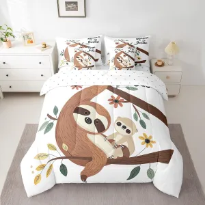 Erosebridal Sloth Comforter Set Queen Size 7 Piece,Cartoon Animal Kids Bedding Set with Sheets for Boys Girls,Branch Leaves Flower Bed in A Bag with Pillow Cases and Covers,Reversible