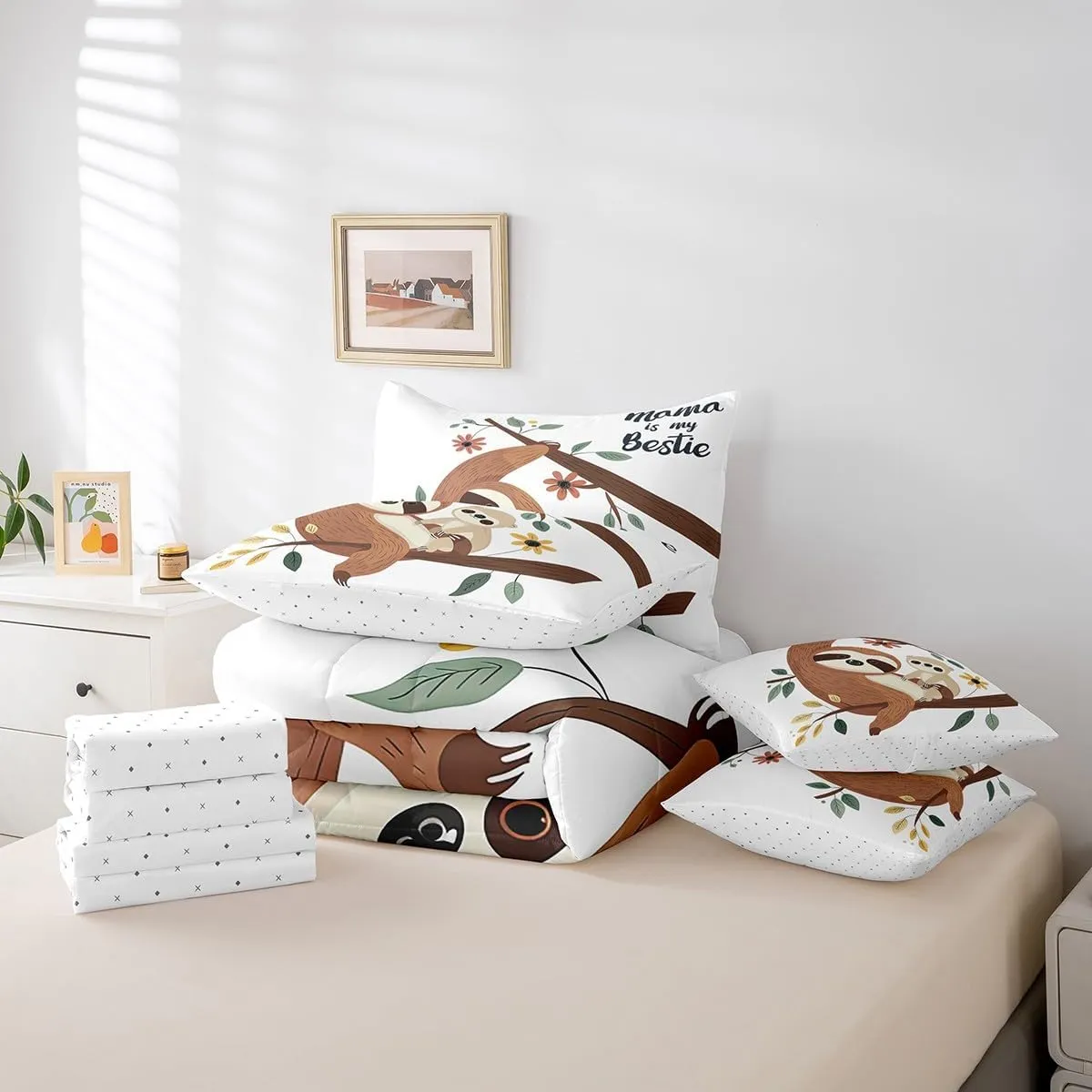 Erosebridal Sloth Comforter Set Queen Size 7 Piece,Cartoon Animal Kids Bedding Set with Sheets for Boys Girls,Branch Leaves Flower Bed in A Bag with Pillow Cases and Covers,Reversible