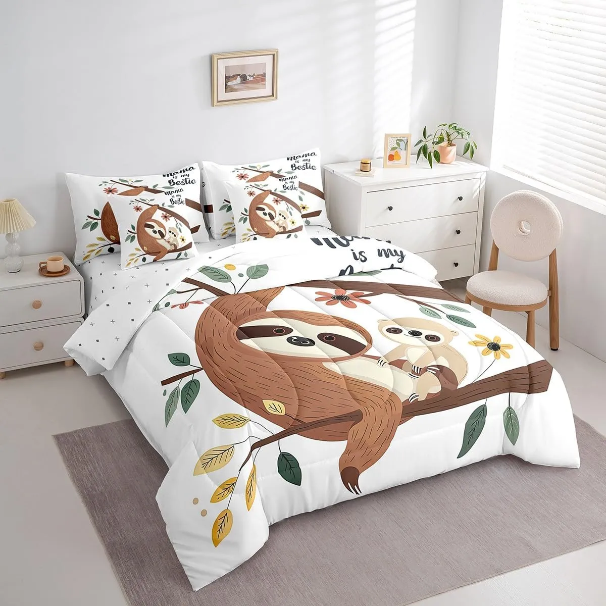 Erosebridal Sloth Comforter Set Queen Size 7 Piece,Cartoon Animal Kids Bedding Set with Sheets for Boys Girls,Branch Leaves Flower Bed in A Bag with Pillow Cases and Covers,Reversible