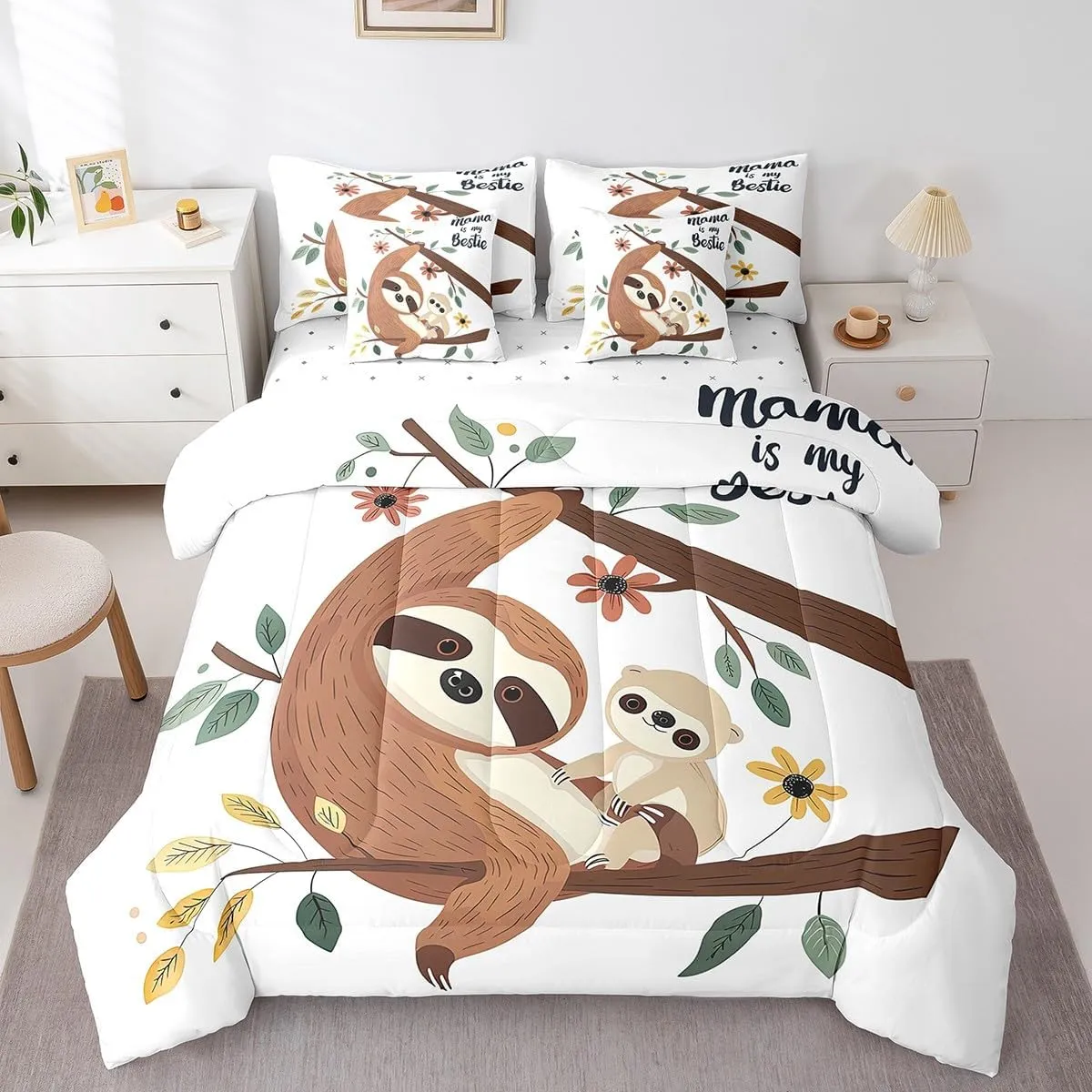 Erosebridal Sloth Comforter Set Queen Size 7 Piece,Cartoon Animal Kids Bedding Set with Sheets for Boys Girls,Branch Leaves Flower Bed in A Bag with Pillow Cases and Covers,Reversible
