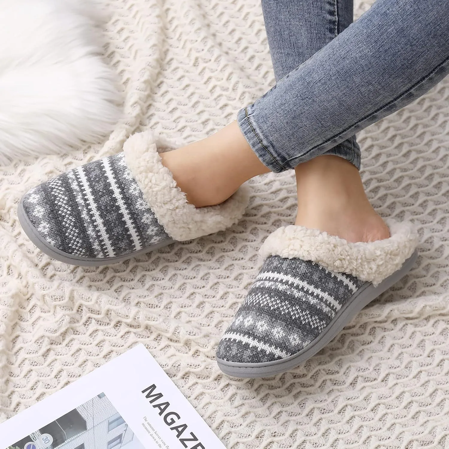 Evshine Warm Knit House Slippers for Women Comfy Fleece Lined Winter Slippers with Memory Foam and Indoor Outdoor Soles