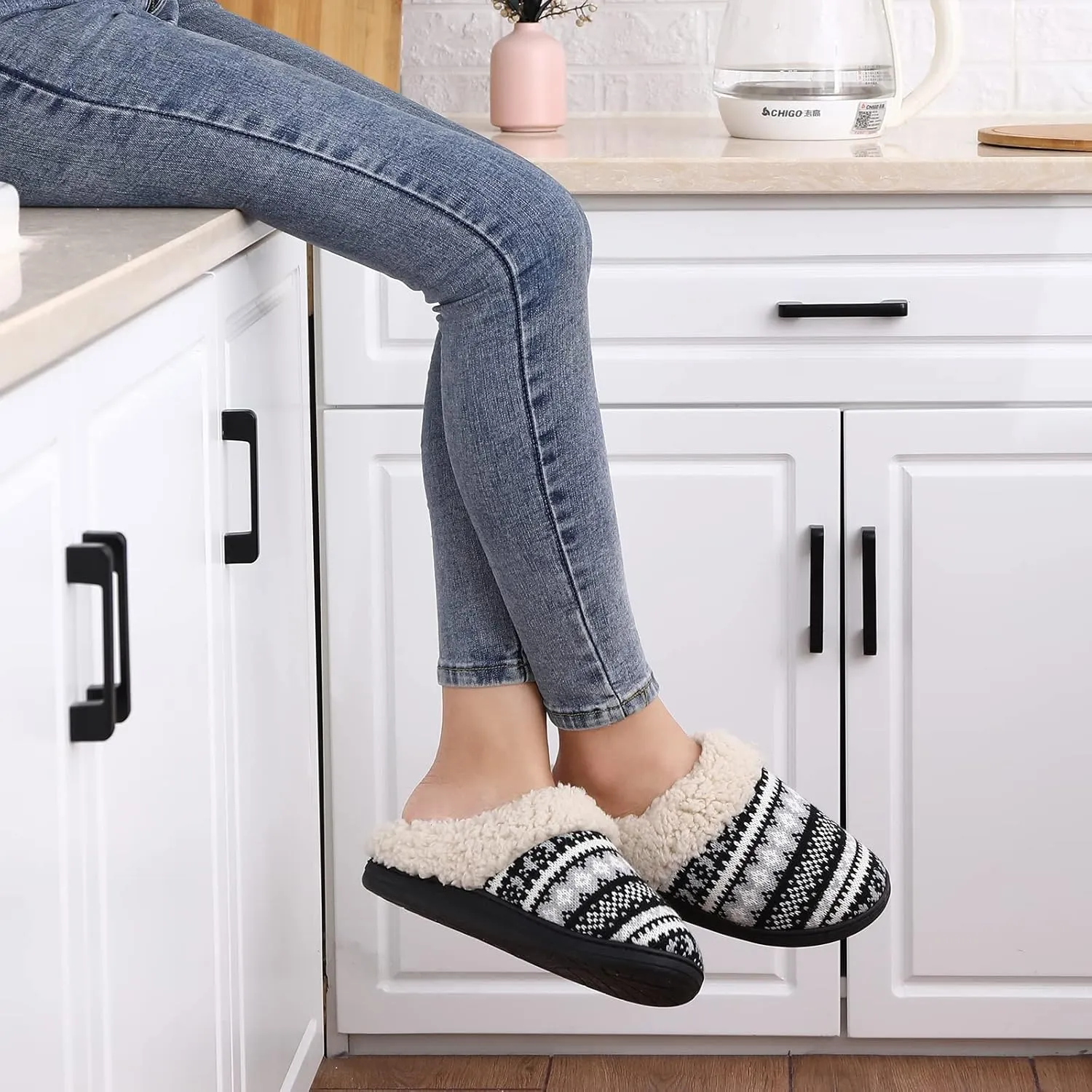 Evshine Warm Knit House Slippers for Women Comfy Fleece Lined Winter Slippers with Memory Foam and Indoor Outdoor Soles