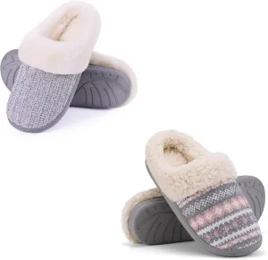 Evshine Women's Set of 2 Pairs - Warm Knit Memory Foam Slippers (Size 8-9, Pink) - Chenille Knit House Slippers (Size 8-9, Grey)