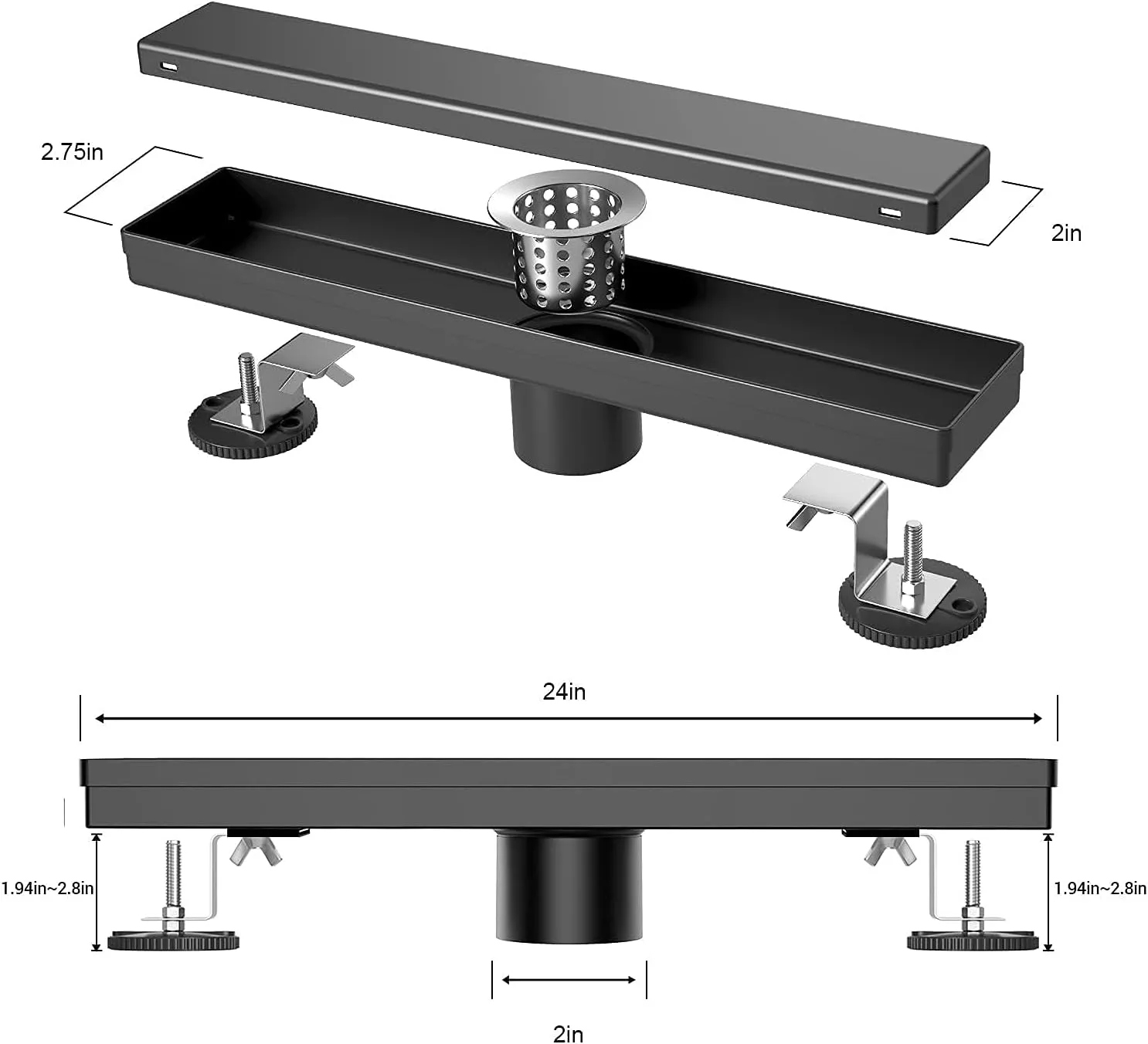 EXF Linear Shower Drain 24 Inch Matte Black with Reversible Flat & Tile Insert Cover, 304 Stainless Steel Rectangle Shower Floor Drain with Hair Catcher, Adjustable Feet