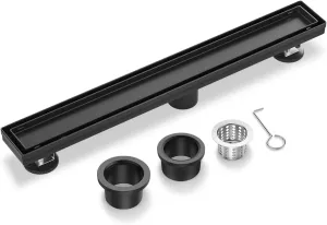 EXF Linear Shower Drain 24 Inch Matte Black with Reversible Flat & Tile Insert Cover, 304 Stainless Steel Rectangle Shower Floor Drain with Hair Catcher, Adjustable Feet