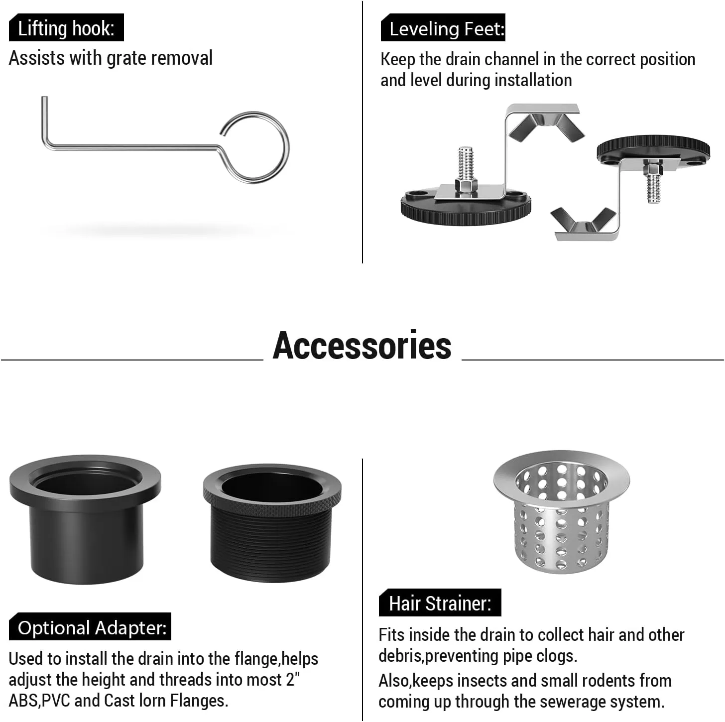 EXF Linear Shower Drain 24 Inch Matte Black with Reversible Flat & Tile Insert Cover, 304 Stainless Steel Rectangle Shower Floor Drain with Hair Catcher, Adjustable Feet