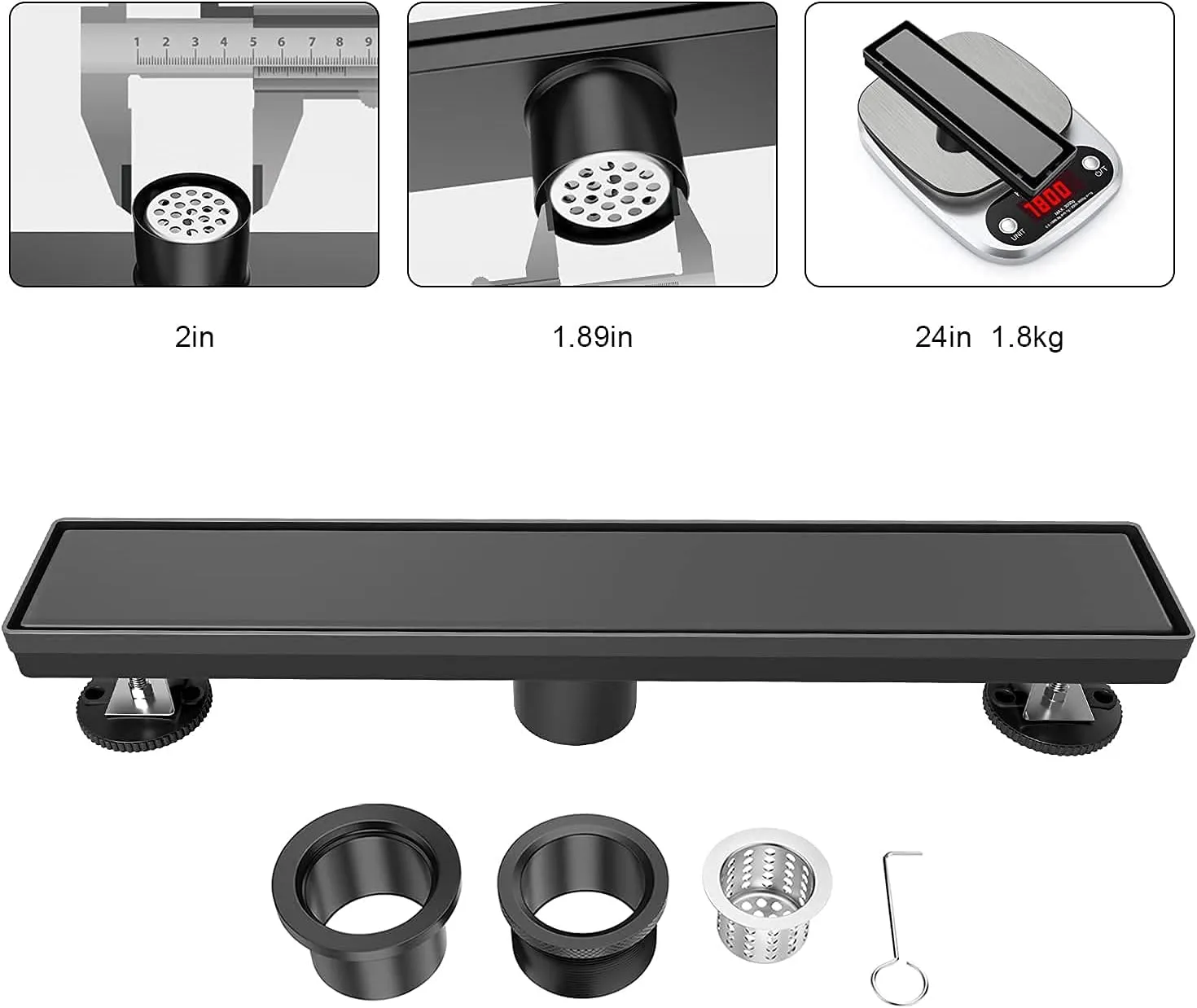EXF Linear Shower Drain 24 Inch Matte Black with Reversible Flat & Tile Insert Cover, 304 Stainless Steel Rectangle Shower Floor Drain with Hair Catcher, Adjustable Feet