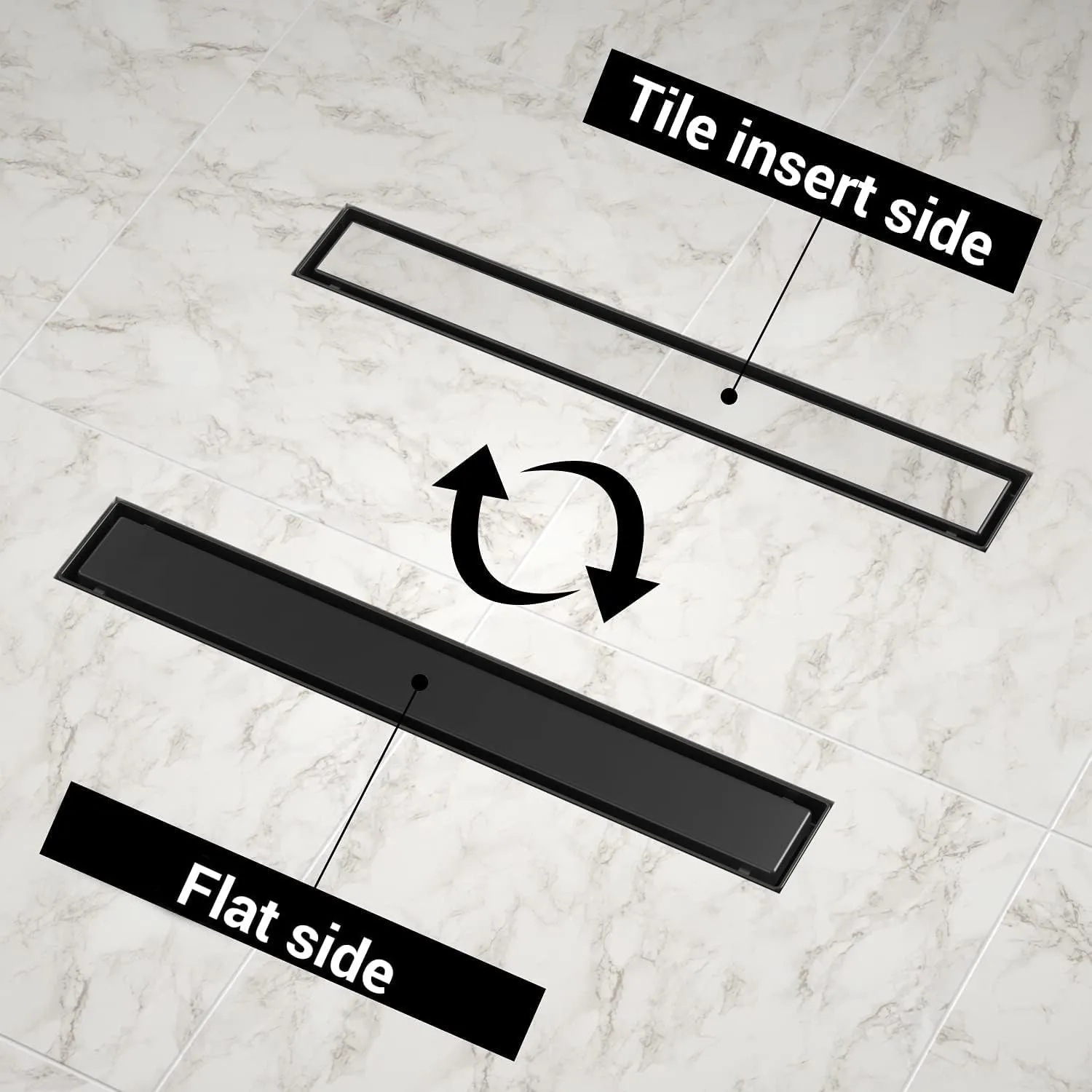 EXF Linear Shower Drain 24 Inch Matte Black with Reversible Flat & Tile Insert Cover, 304 Stainless Steel Rectangle Shower Floor Drain with Hair Catcher, Adjustable Feet