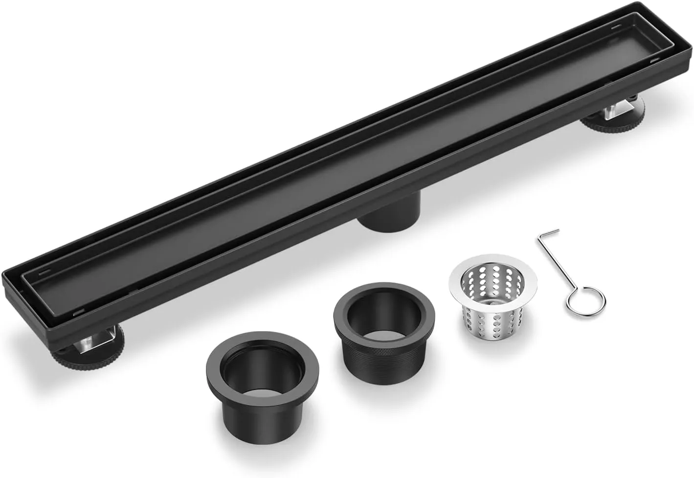 EXF Linear Shower Drain 24 Inch Matte Black with Reversible Flat & Tile Insert Cover, 304 Stainless Steel Rectangle Shower Floor Drain with Hair Catcher, Adjustable Feet