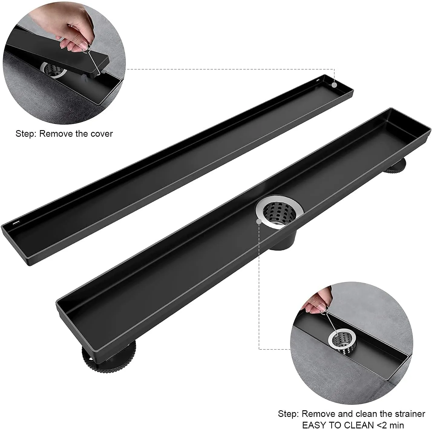 EXF Linear Shower Drain 24 Inch Matte Black with Reversible Flat & Tile Insert Cover, 304 Stainless Steel Rectangle Shower Floor Drain with Hair Catcher, Adjustable Feet