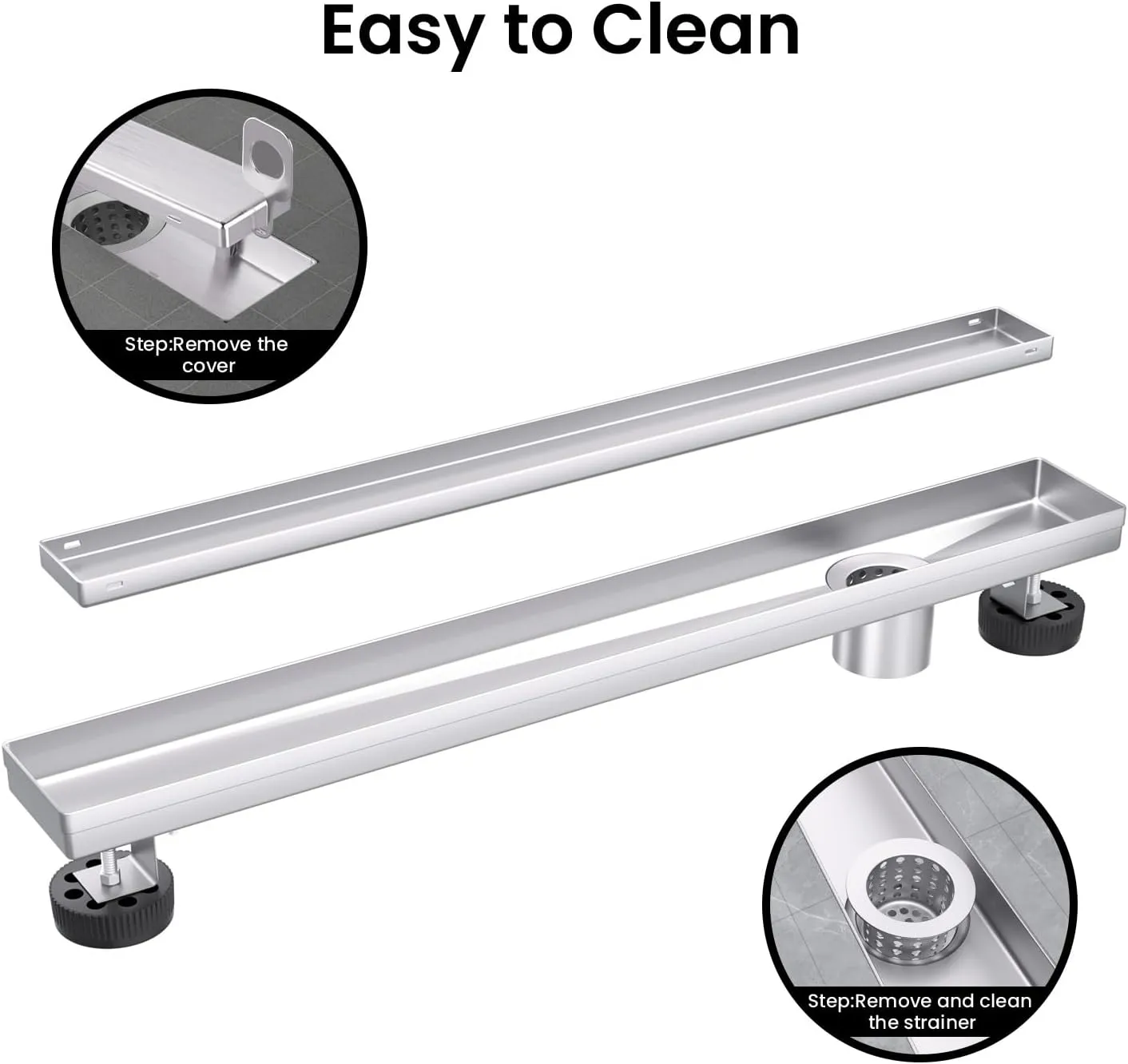EXF Offset Linear Shower Drain 24 Inch Brushed with Reversible Flat & Tile Insert Cover, Stainless Steel Rectangle Shower Floor Drain with Hair Catcher, Adjustable Feet