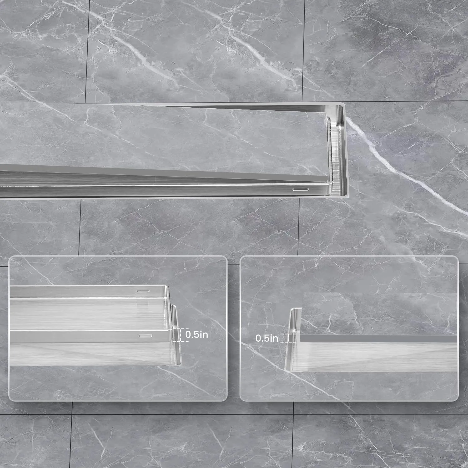 EXF Offset Linear Shower Drain 24 Inch Brushed with Reversible Flat & Tile Insert Cover, Stainless Steel Rectangle Shower Floor Drain with Hair Catcher, Adjustable Feet