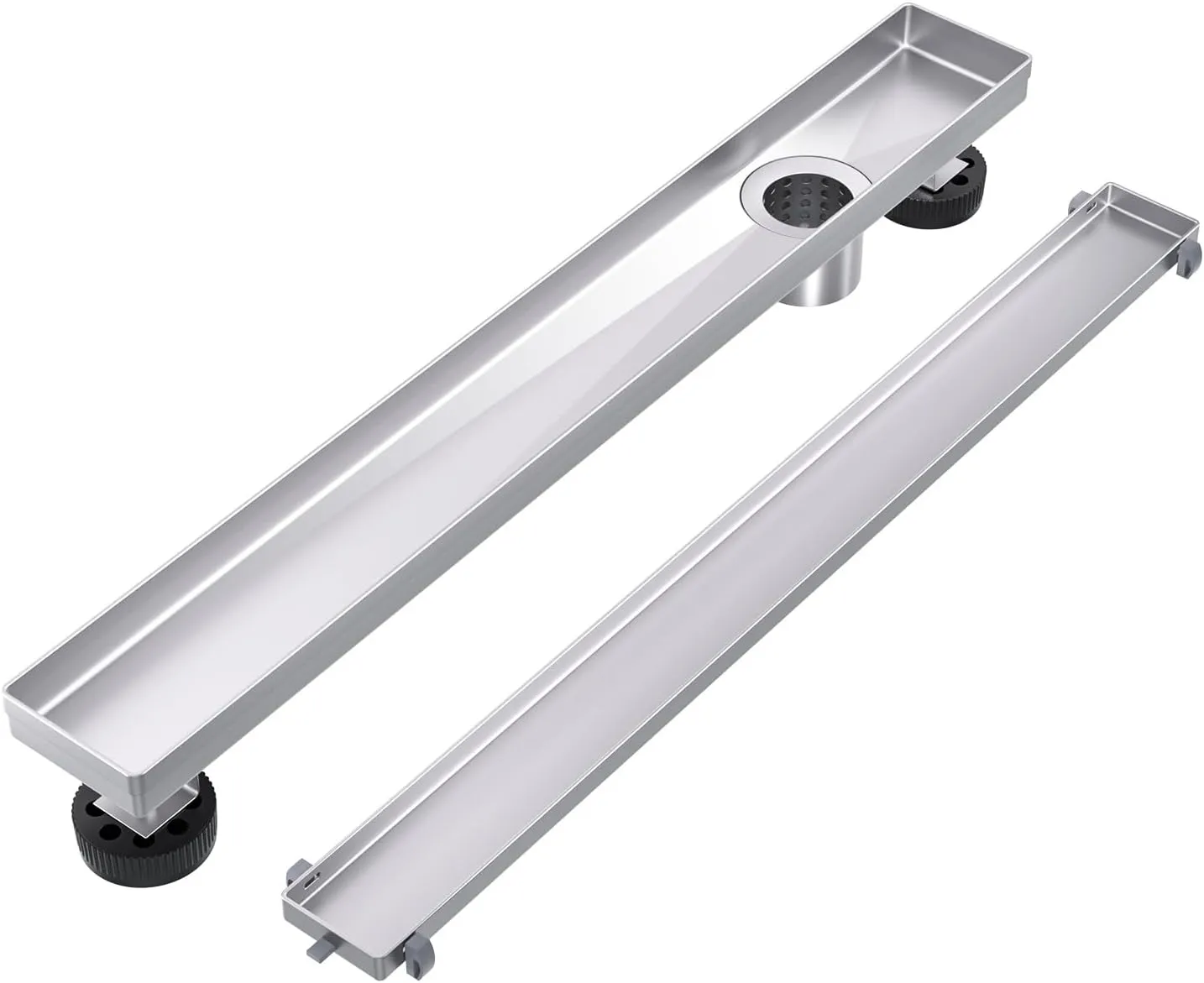 EXF Offset Linear Shower Drain 24 Inch Brushed with Reversible Flat & Tile Insert Cover, Stainless Steel Rectangle Shower Floor Drain with Hair Catcher, Adjustable Feet