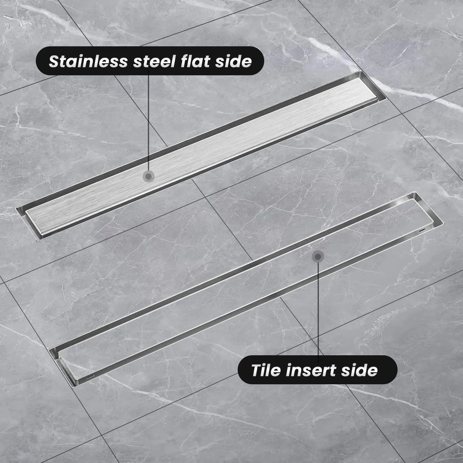 EXF Offset Linear Shower Drain 24 Inch Brushed with Reversible Flat & Tile Insert Cover, Stainless Steel Rectangle Shower Floor Drain with Hair Catcher, Adjustable Feet