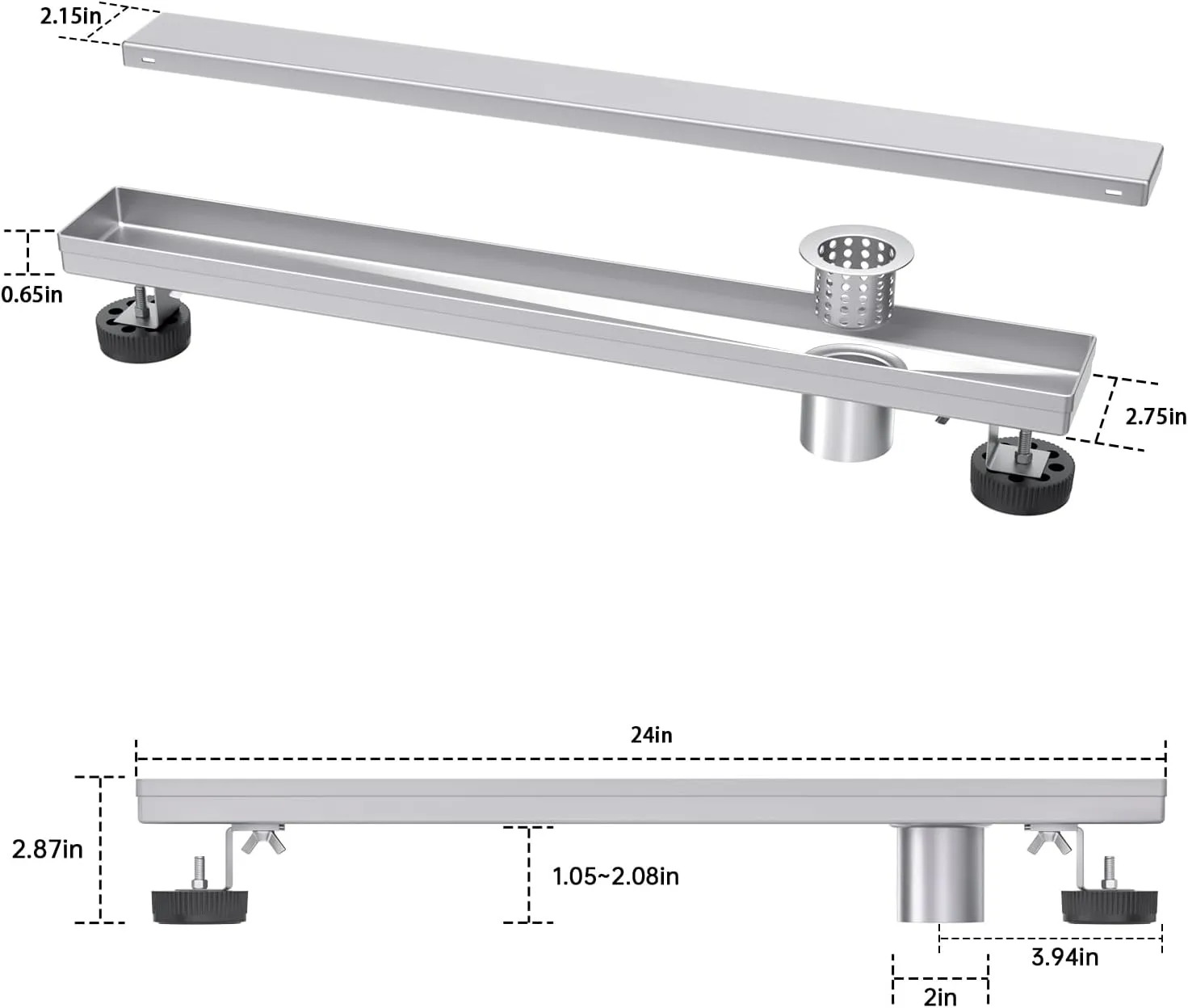 EXF Offset Linear Shower Drain 24 Inch Brushed with Reversible Flat & Tile Insert Cover, Stainless Steel Rectangle Shower Floor Drain with Hair Catcher, Adjustable Feet