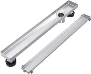 EXF Offset Linear Shower Drain 24 Inch Brushed with Reversible Flat & Tile Insert Cover, Stainless Steel Rectangle Shower Floor Drain with Hair Catcher, Adjustable Feet