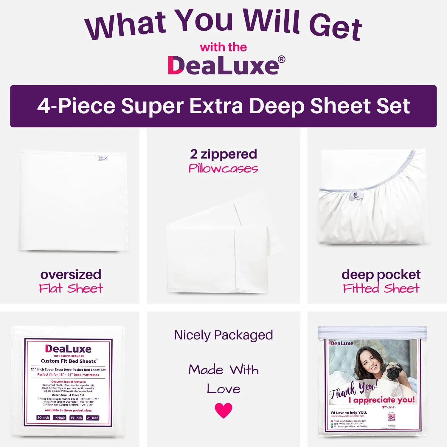 Extra Deep Pocket King Bed-Sheets – 4-Piece Includes: 18”-21” Inch Super Extra Deep Pocket Fitted Sheet – Oversize Flat Sheet – 2 Zipper Closure Pillowcases – Perfectly Fit – King Size – Bright White