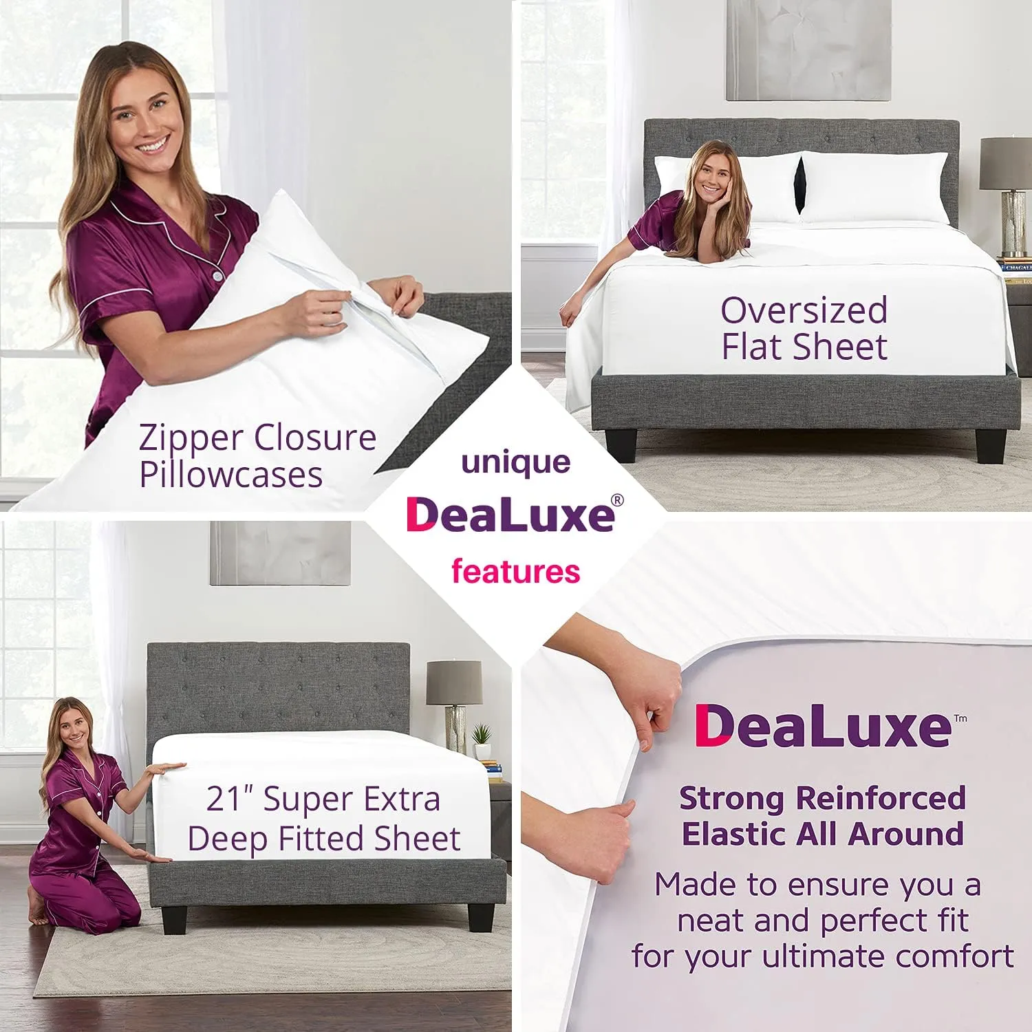 Extra Deep Pocket King Bed-Sheets – 4-Piece Includes: 18”-21” Inch Super Extra Deep Pocket Fitted Sheet – Oversize Flat Sheet – 2 Zipper Closure Pillowcases – Perfectly Fit – King Size – Bright White