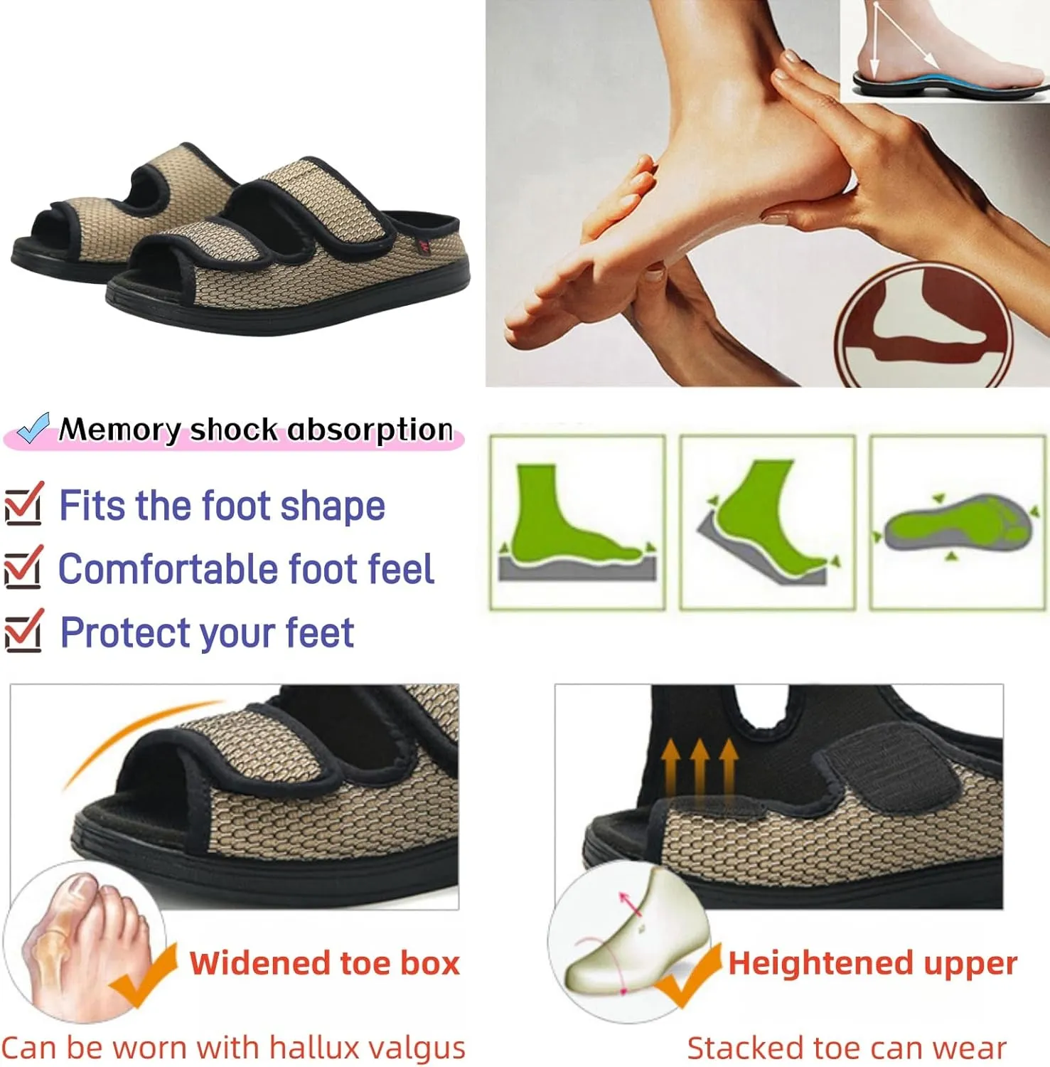 Extra Wide Diabetic Foot Shoes,Unisex for Swollen Feet,Adjustable Slippers,Men's Diabetic Sandals for Obesity,Hallux Valgus,Plantar Fasciitis,Arthritis,Black