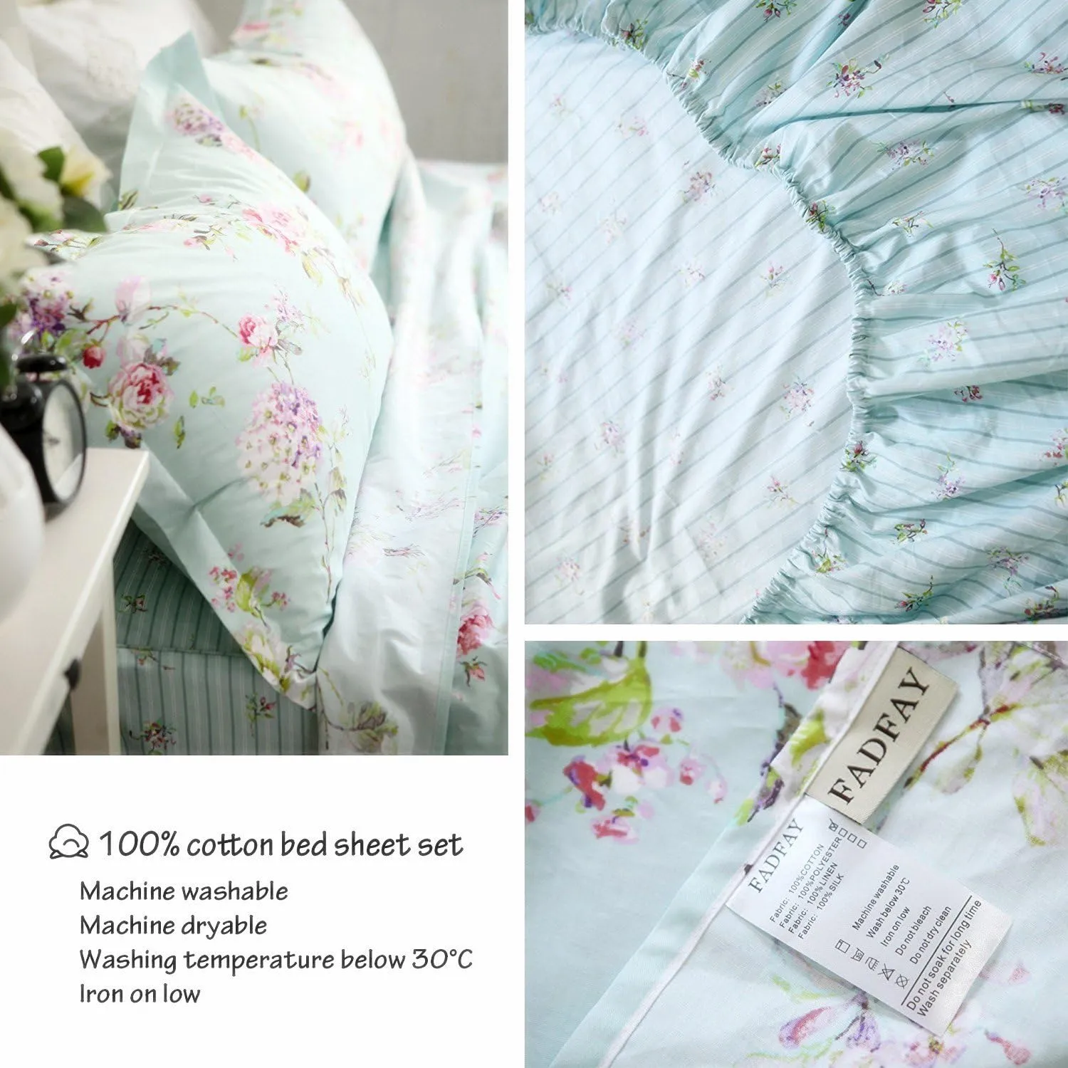 FADFAY Bed in a Bag Set 7-Pieces Shabby Floral Bedding Set King Size Premium 100% Cotton Hydrangea French Country Deep Pocket Sheets Zipper Duvet Cover Pillowcase Set