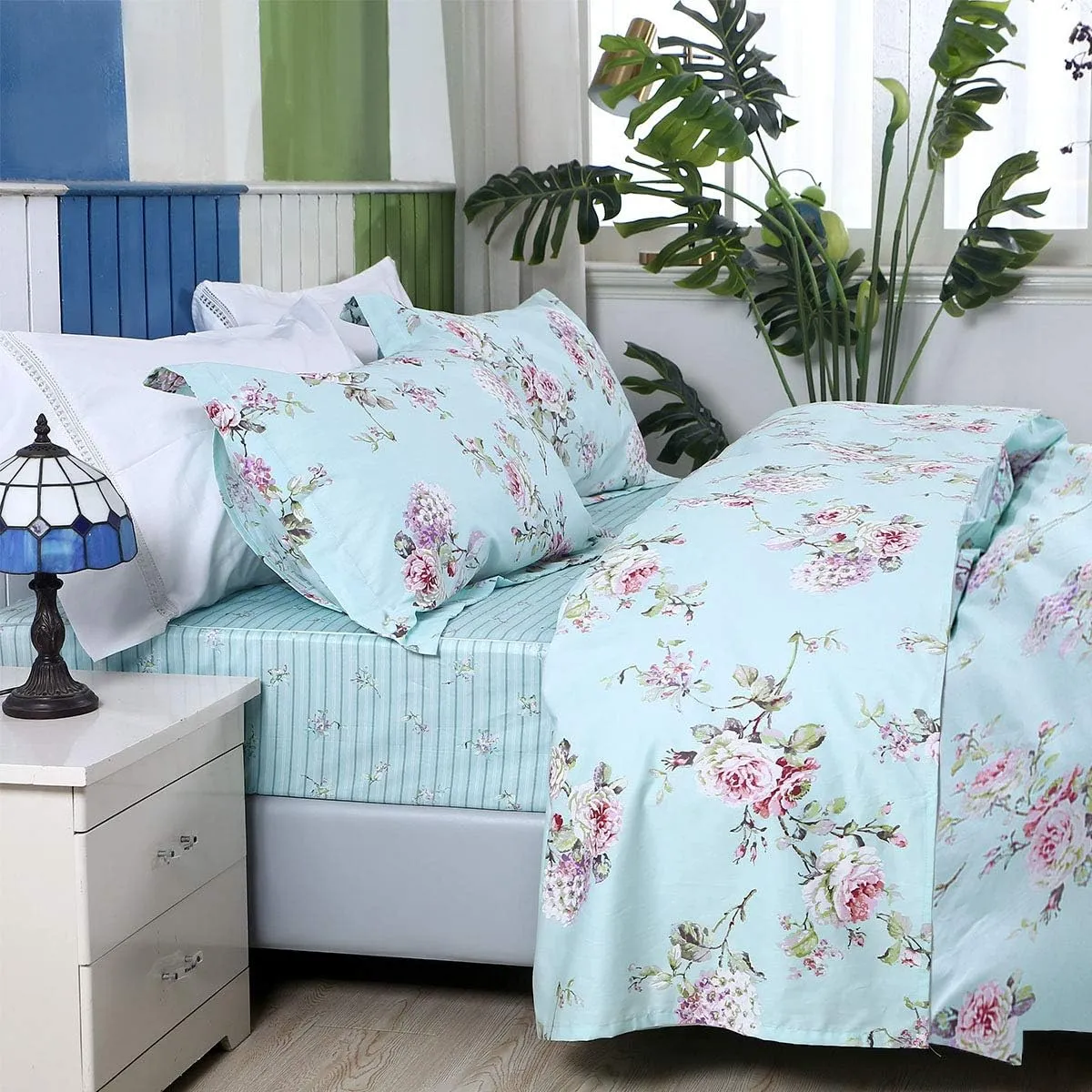 FADFAY Bed in a Bag Set 7-Pieces Shabby Floral Bedding Set King Size Premium 100% Cotton Hydrangea French Country Deep Pocket Sheets Zipper Duvet Cover Pillowcase Set