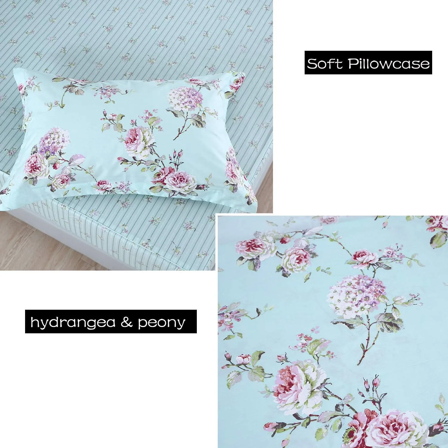 FADFAY Bed in a Bag Set 7-Pieces Shabby Floral Bedding Set King Size Premium 100% Cotton Hydrangea French Country Deep Pocket Sheets Zipper Duvet Cover Pillowcase Set