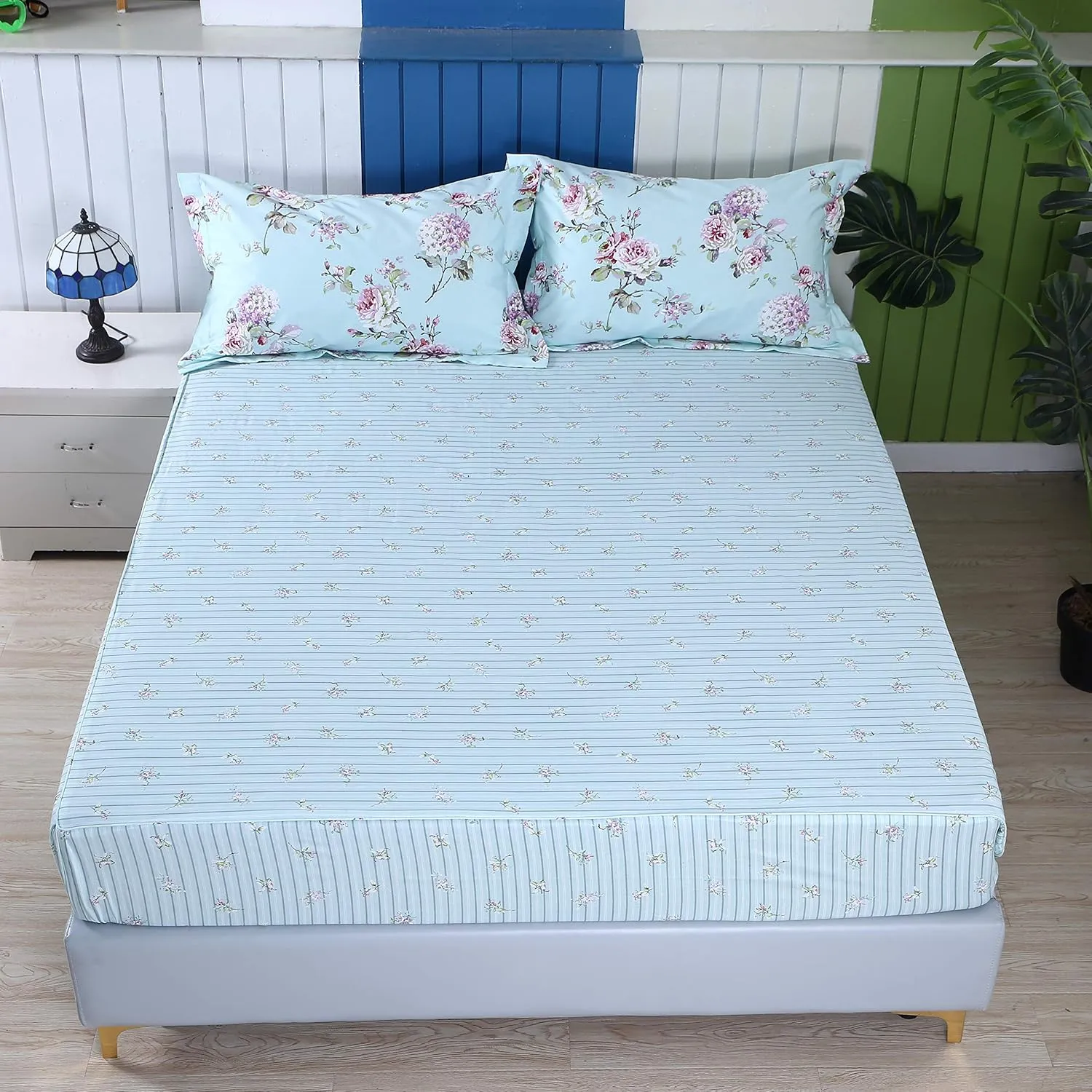 FADFAY Bed in a Bag Set 7-Pieces Shabby Floral Bedding Set King Size Premium 100% Cotton Hydrangea French Country Deep Pocket Sheets Zipper Duvet Cover Pillowcase Set