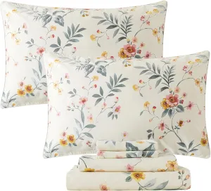 FADFAY Floral Sheets Queen Vintage Pink Floral Bedding Shabby Beige Elegant Botanical Sheets Rustic Farmhouse Bedding 800 Thread Count 100% Egyptian Cotton Deep Pocket Fitted Sheet 4Pcs, Queen Size