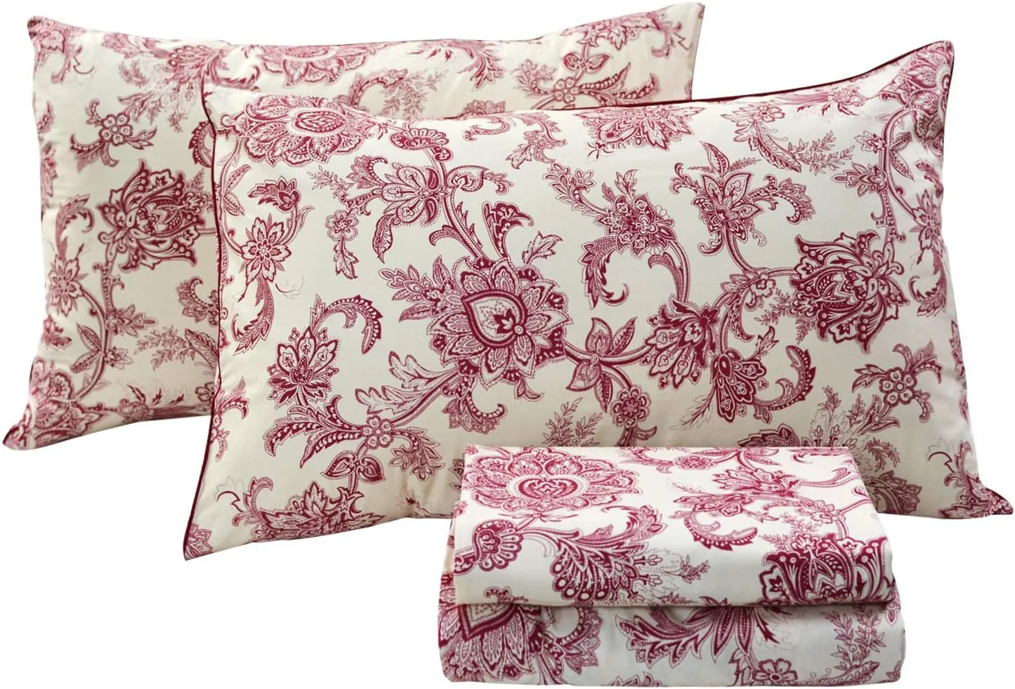 FADFAY Red Floral Bedding Elegant Bed Sheets Set Luxury Bedding Collections 800 Thread Count 100% Egyptian Cotton Deep Pocket Fitted Sheet,4 Piece-California King Size