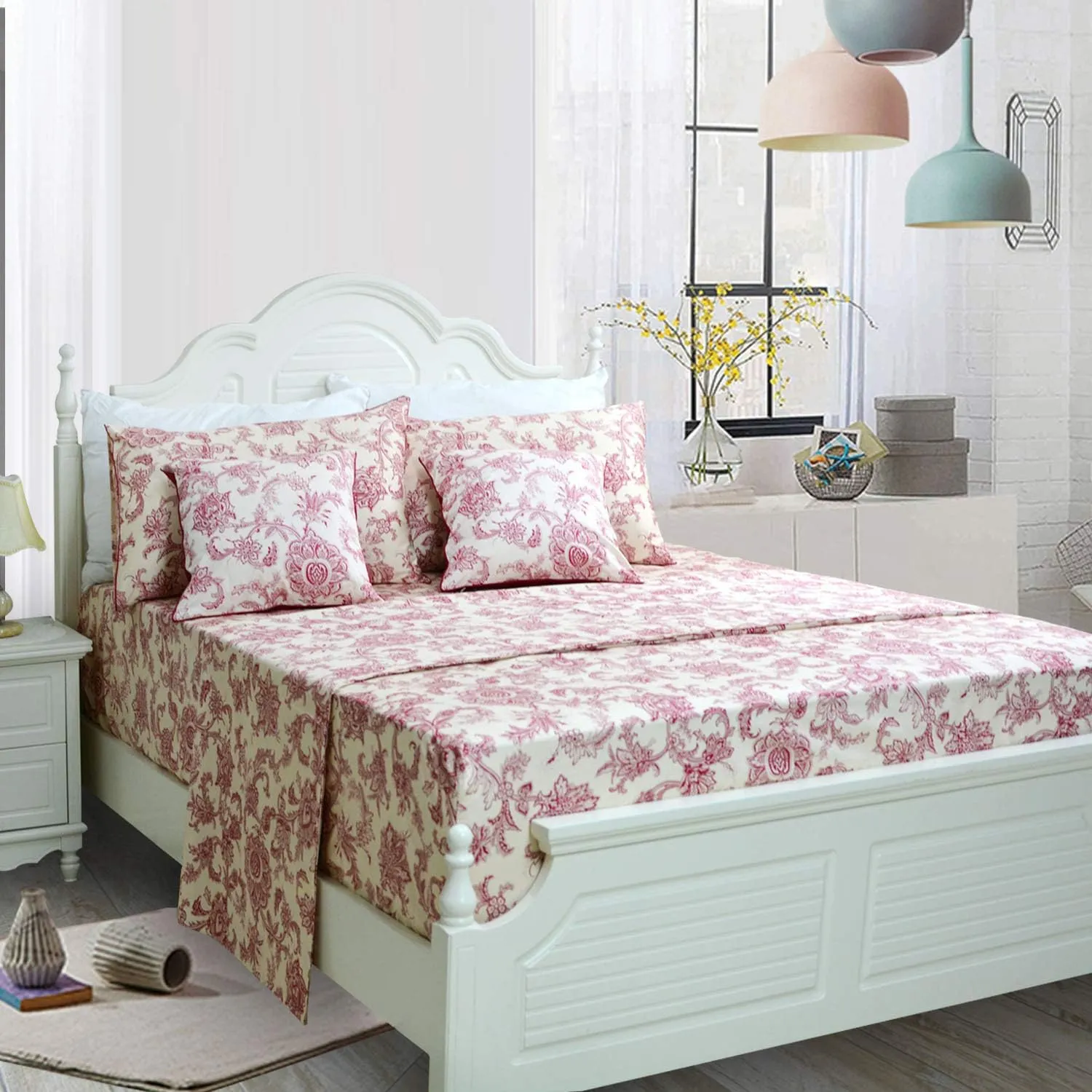 FADFAY Red Floral Bedding Elegant Bed Sheets Set Luxury Bedding Collections 800 Thread Count 100% Egyptian Cotton Deep Pocket Fitted Sheet,4 Piece-California King Size