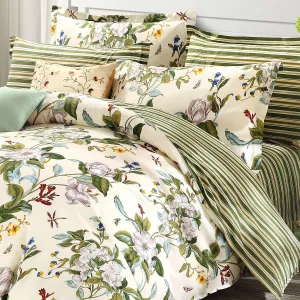 FADFAY Shabby Floral Bedding Set Queen Size 7Pcs 100% Cotton Green Cream Flower Bed Sheets with Duvet Cover Set, Complete Bedding Bed in a Bag Vintage Countryside Ultra Soft Deep Pocket Fitted Sheets