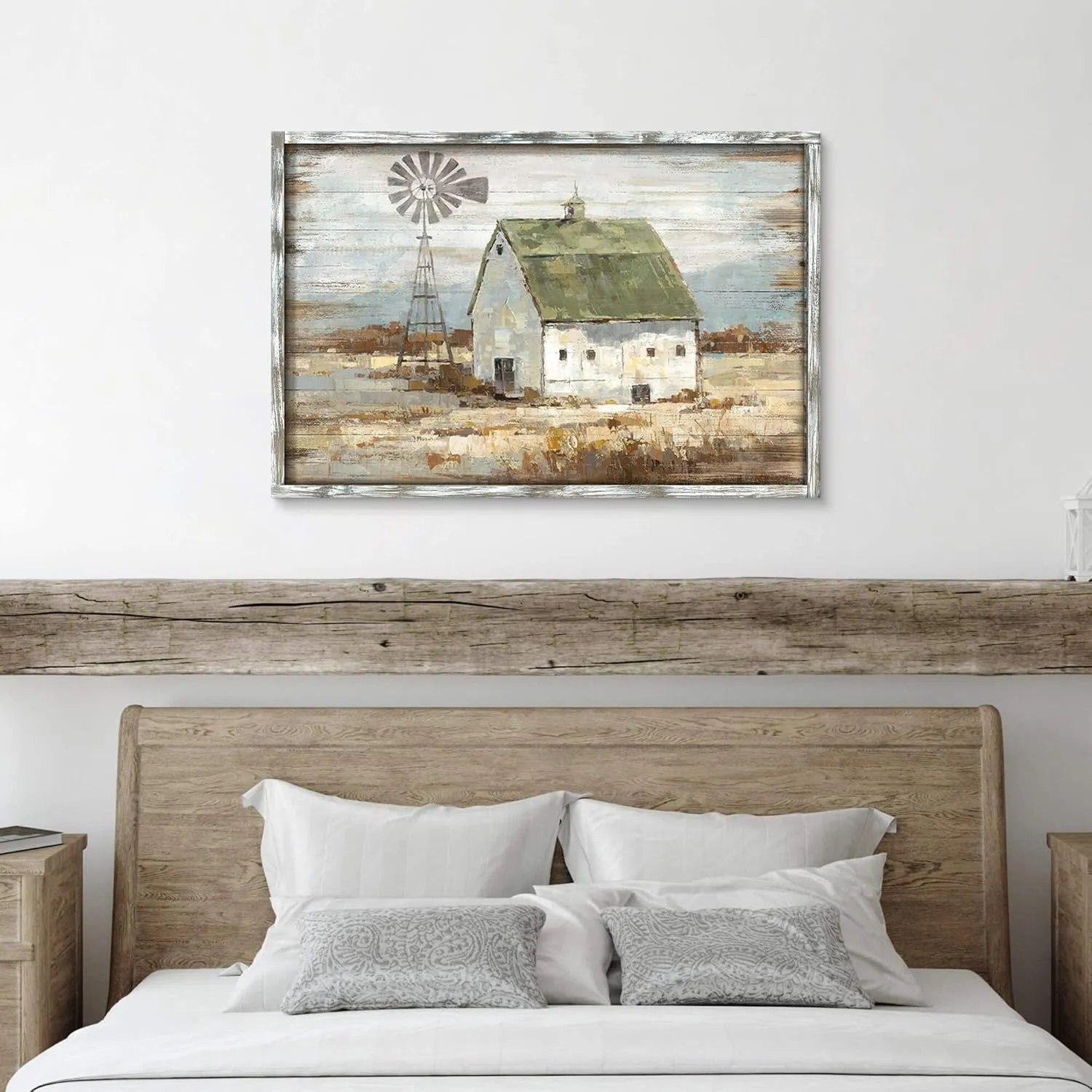 Farmhouse Wall Art Framed Picture: Living Room Rustic Country Scene Wooden Painting Barn Windmill Farm Artwork Rural Landscape Countryside Print Decor for Home Bedroom