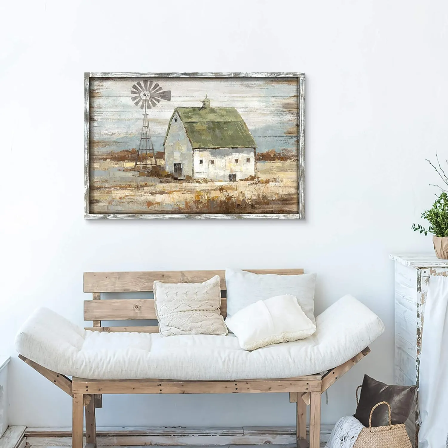 Farmhouse Wall Art Framed Picture: Living Room Rustic Country Scene Wooden Painting Barn Windmill Farm Artwork Rural Landscape Countryside Print Decor for Home Bedroom