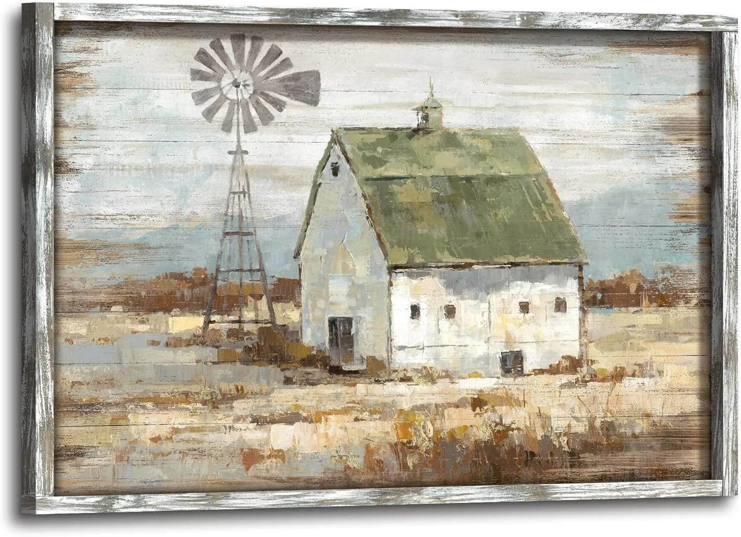 Farmhouse Wall Art Framed Picture: Living Room Rustic Country Scene Wooden Painting Barn Windmill Farm Artwork Rural Landscape Countryside Print Decor for Home Bedroom