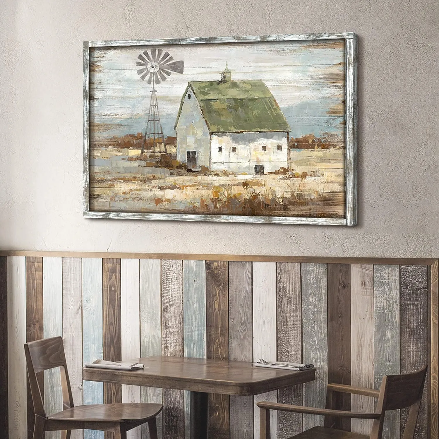Farmhouse Wall Art Framed Picture: Living Room Rustic Country Scene Wooden Painting Barn Windmill Farm Artwork Rural Landscape Countryside Print Decor for Home Bedroom