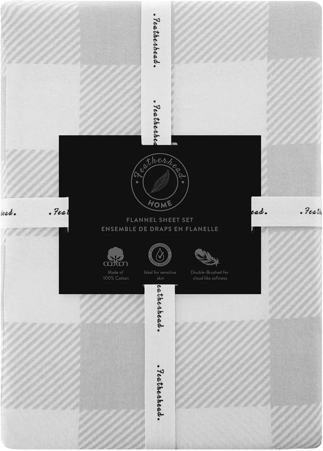 Featherhead™ 100% Cotton 4PCs Flannel Sheet Set, Queen Size, Gingham | Double-Brushed for Extra Softness, Warm & Breathable, Extra Deep Pockets fits Up to 17” – 1 Flat, 1 Fitted, 2 Pillowcase