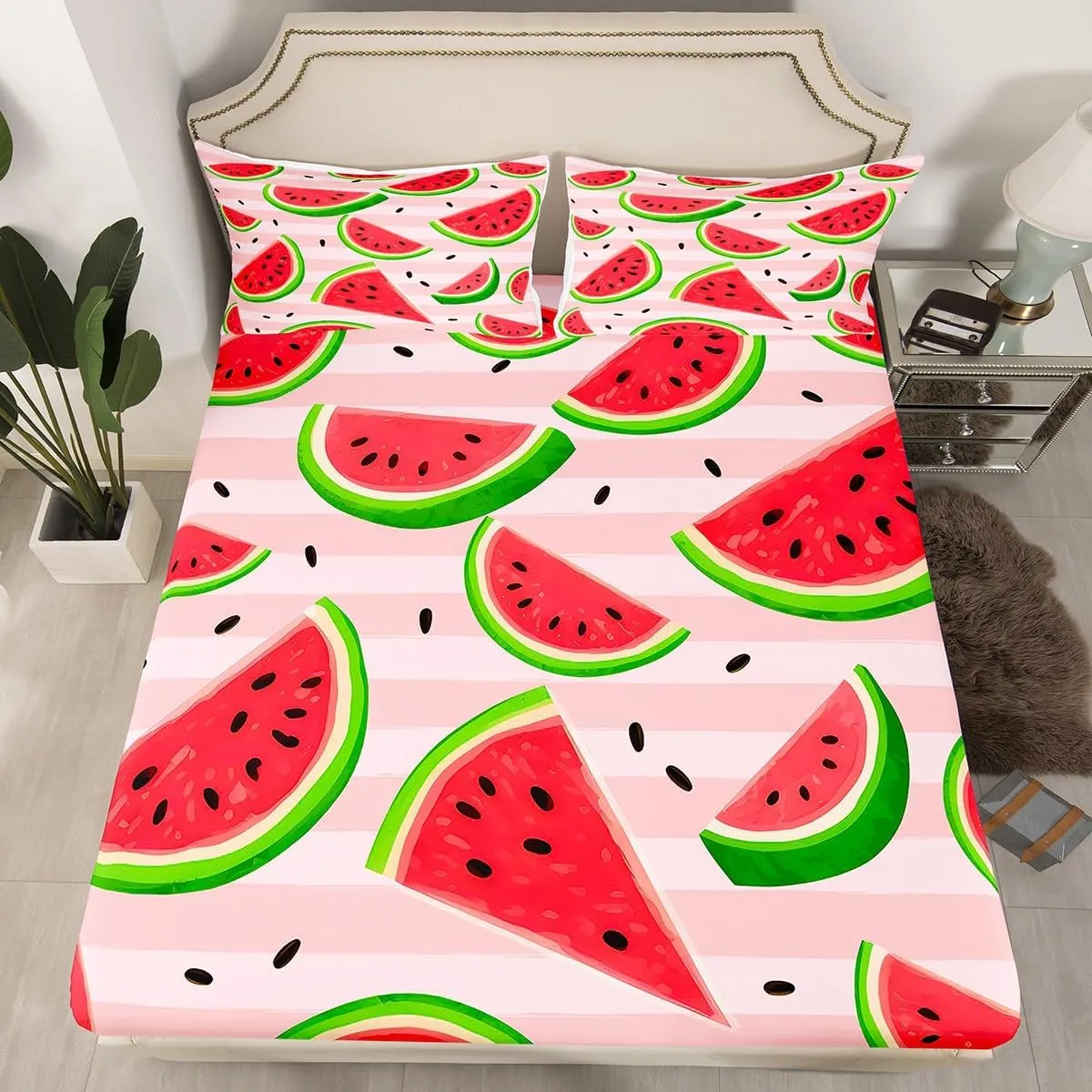 Feelyou Watermelon Sheet Set for Girls Boys Kids King Size Fresh Fruit Bed Set Pink Stripe Bed Sheets Summertime Sheets 4Pcs,1 Fitted Sheet 2 Pillow Sham 1 Flat Sheet