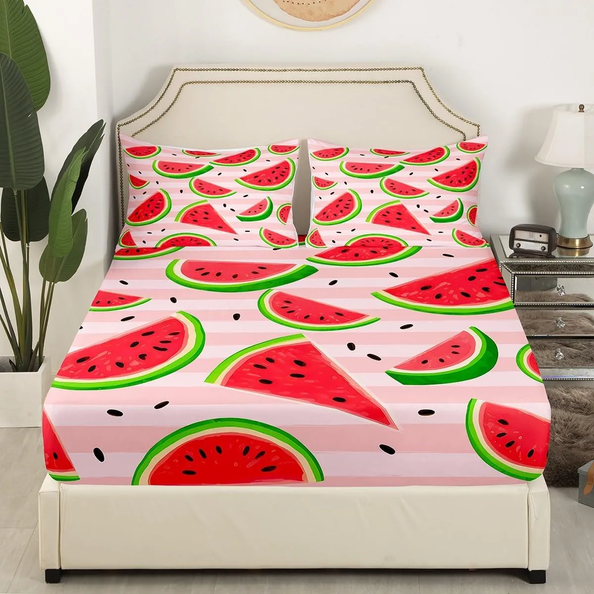 Feelyou Watermelon Sheet Set for Girls Boys Kids King Size Fresh Fruit Bed Set Pink Stripe Bed Sheets Summertime Sheets 4Pcs,1 Fitted Sheet 2 Pillow Sham 1 Flat Sheet