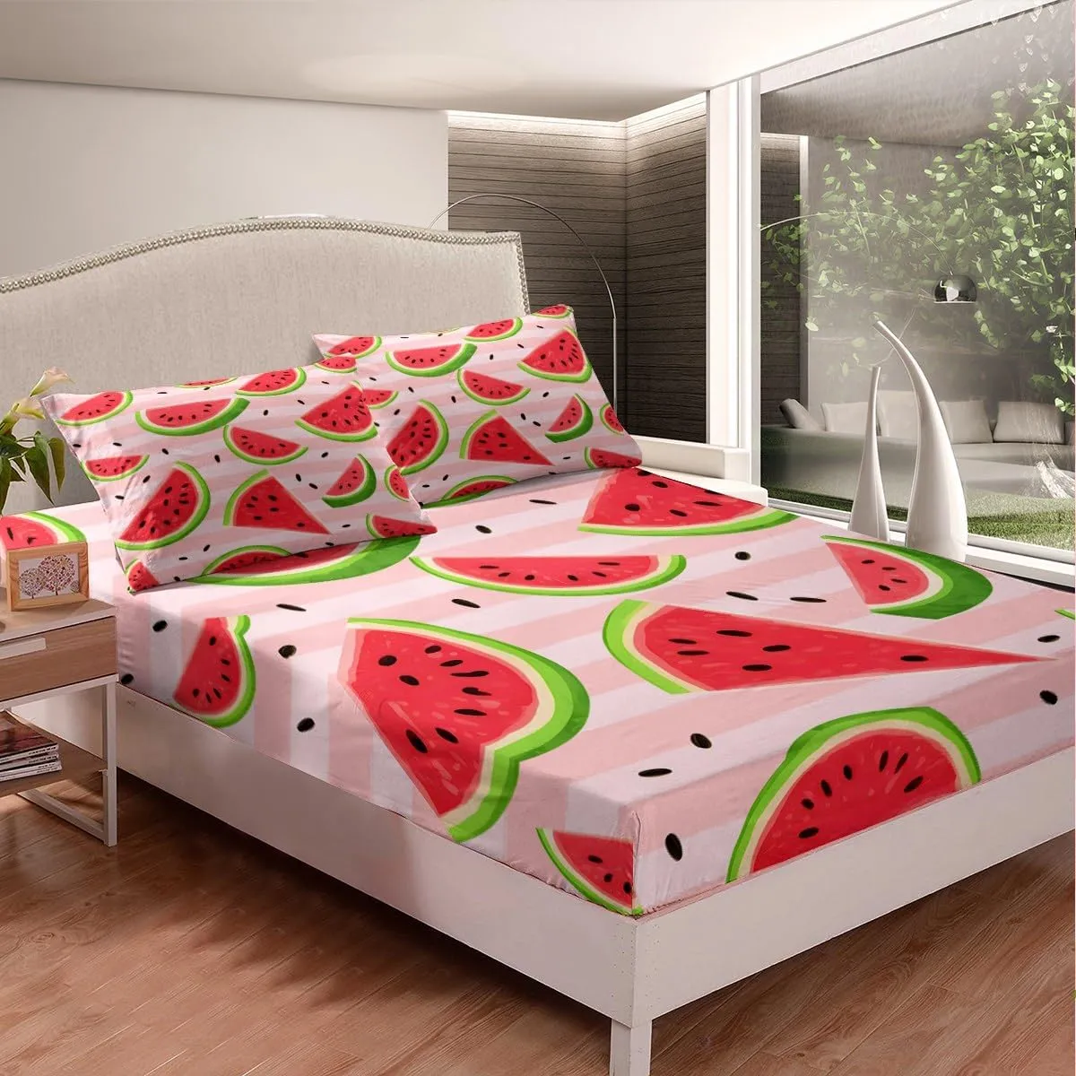 Feelyou Watermelon Sheet Set for Girls Boys Kids King Size Fresh Fruit Bed Set Pink Stripe Bed Sheets Summertime Sheets 4Pcs,1 Fitted Sheet 2 Pillow Sham 1 Flat Sheet