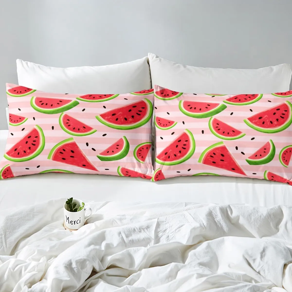Feelyou Watermelon Sheet Set for Girls Boys Kids King Size Fresh Fruit Bed Set Pink Stripe Bed Sheets Summertime Sheets 4Pcs,1 Fitted Sheet 2 Pillow Sham 1 Flat Sheet