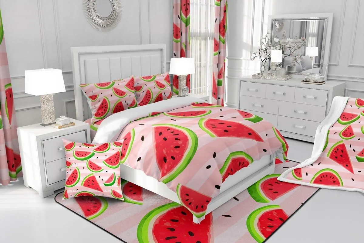Feelyou Watermelon Sheet Set for Girls Boys Kids King Size Fresh Fruit Bed Set Pink Stripe Bed Sheets Summertime Sheets 4Pcs,1 Fitted Sheet 2 Pillow Sham 1 Flat Sheet