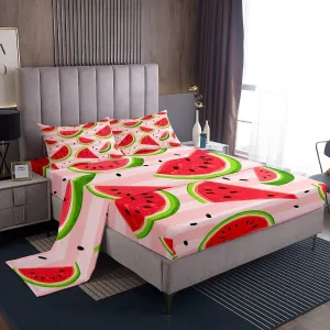 Feelyou Watermelon Sheet Set for Girls Boys Kids King Size Fresh Fruit Bed Set Pink Stripe Bed Sheets Summertime Sheets 4Pcs,1 Fitted Sheet 2 Pillow Sham 1 Flat Sheet